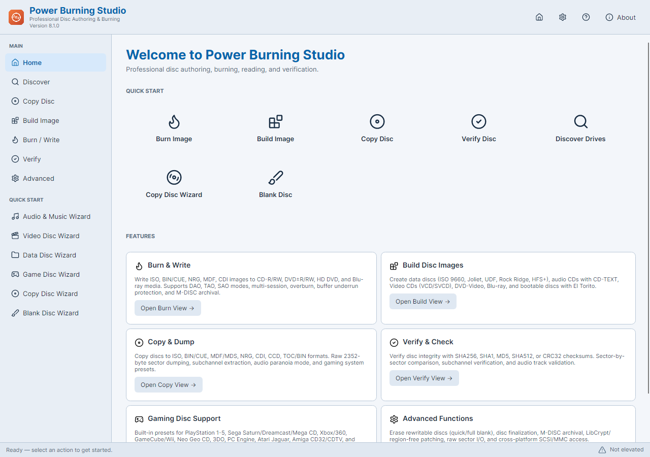 Power Burning Studio: choose an audio, data or image-burning task.